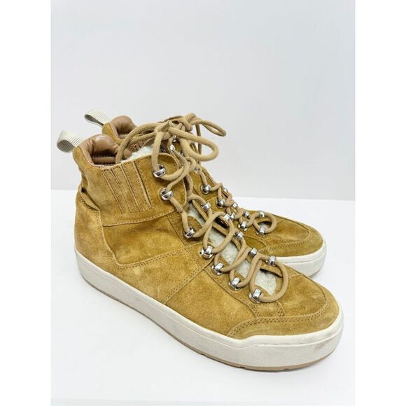 Marc Fisher High Top Sneaker Size 8.5 Fur Lined Tan Suede Lace Up Winter Booties - Picture 2 of 12